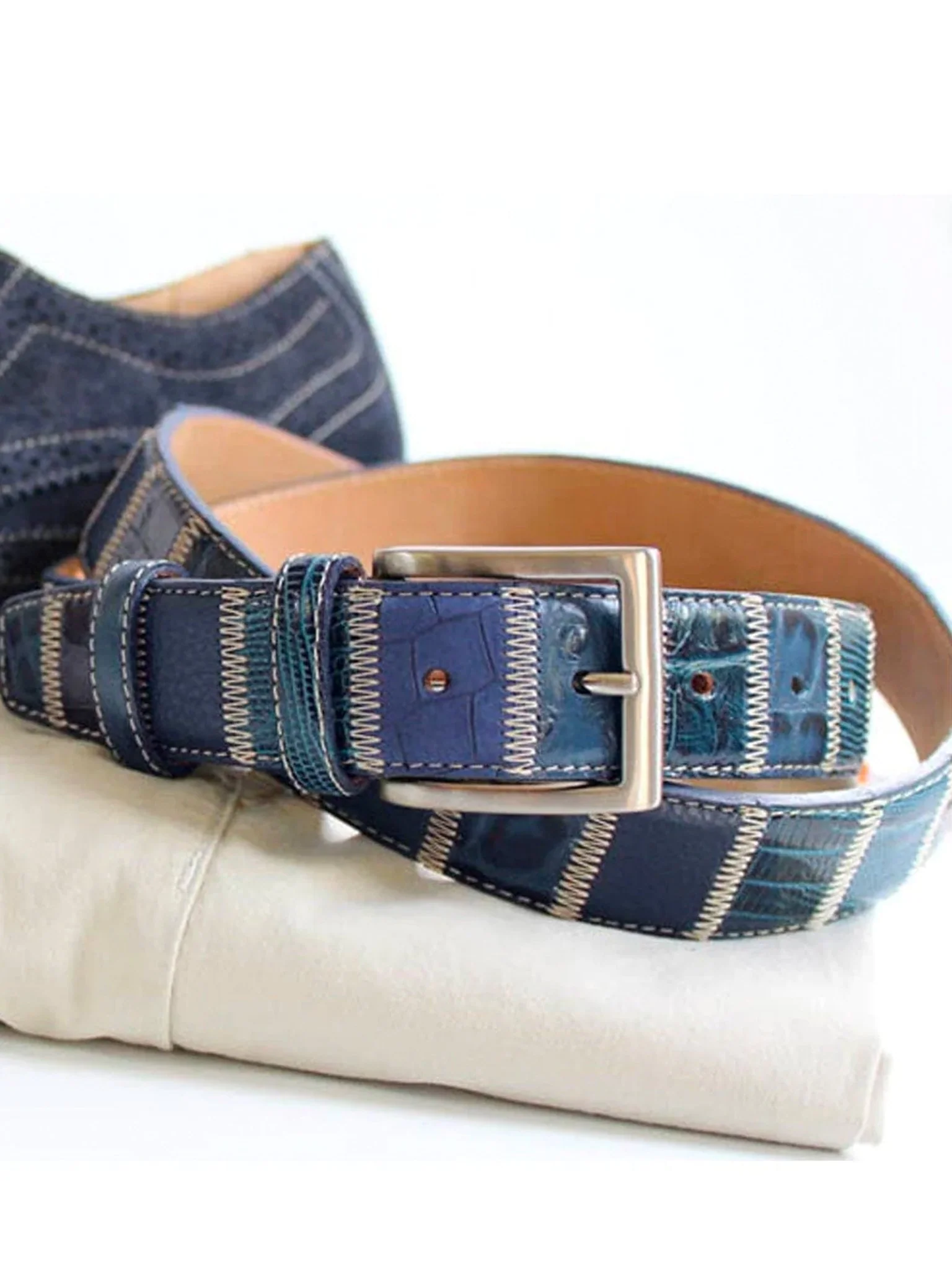 Robert Charles Belts 1609 Patchwork Blue Mens Leather Belt 40mm - Made in Italy - 100% Leather - Image 3