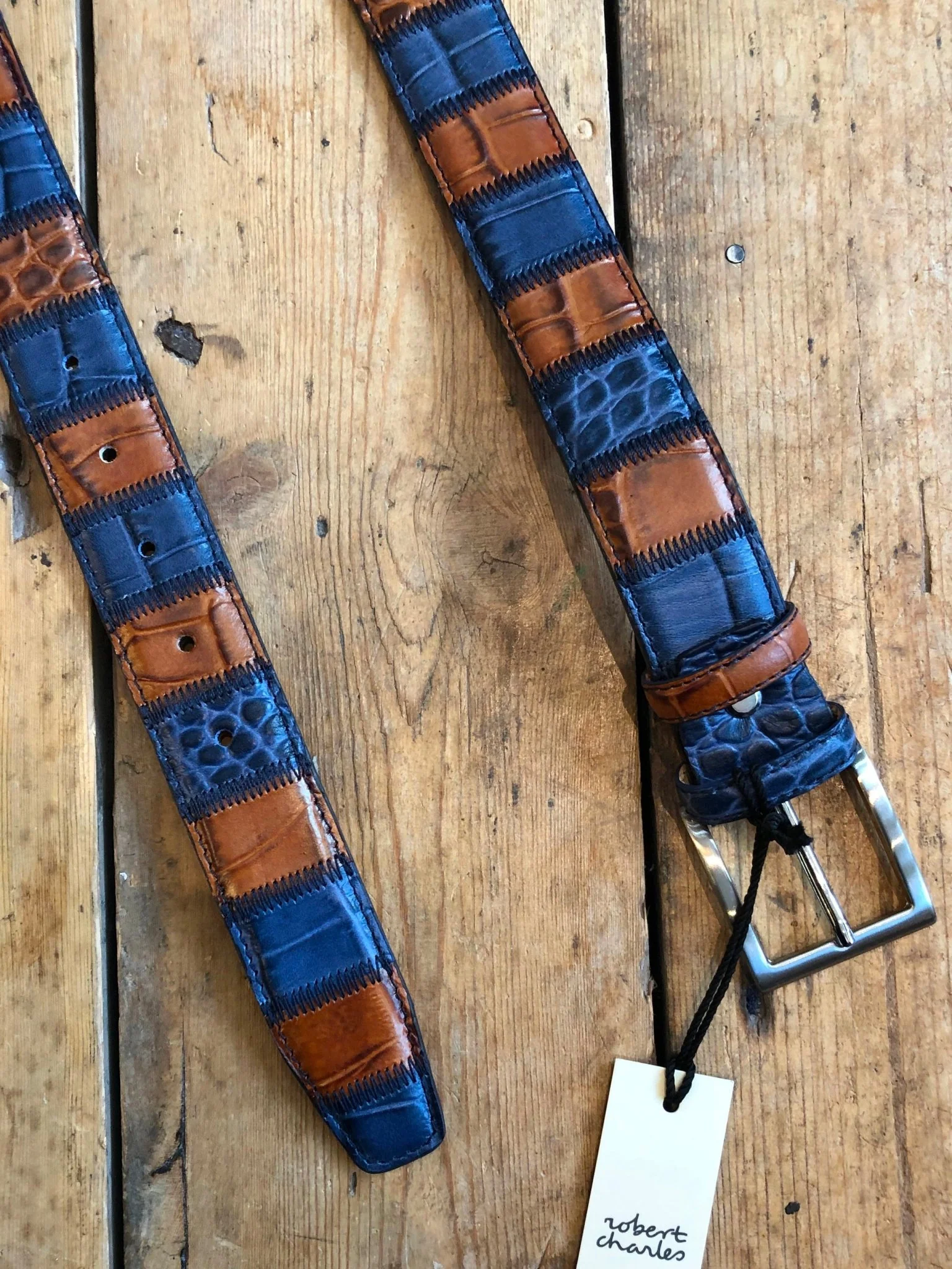 Robert Charles Belts 1628 35mm Patchwork Blue / Tan Mens Belt - Made in Italy - 100% Leather - Image 3