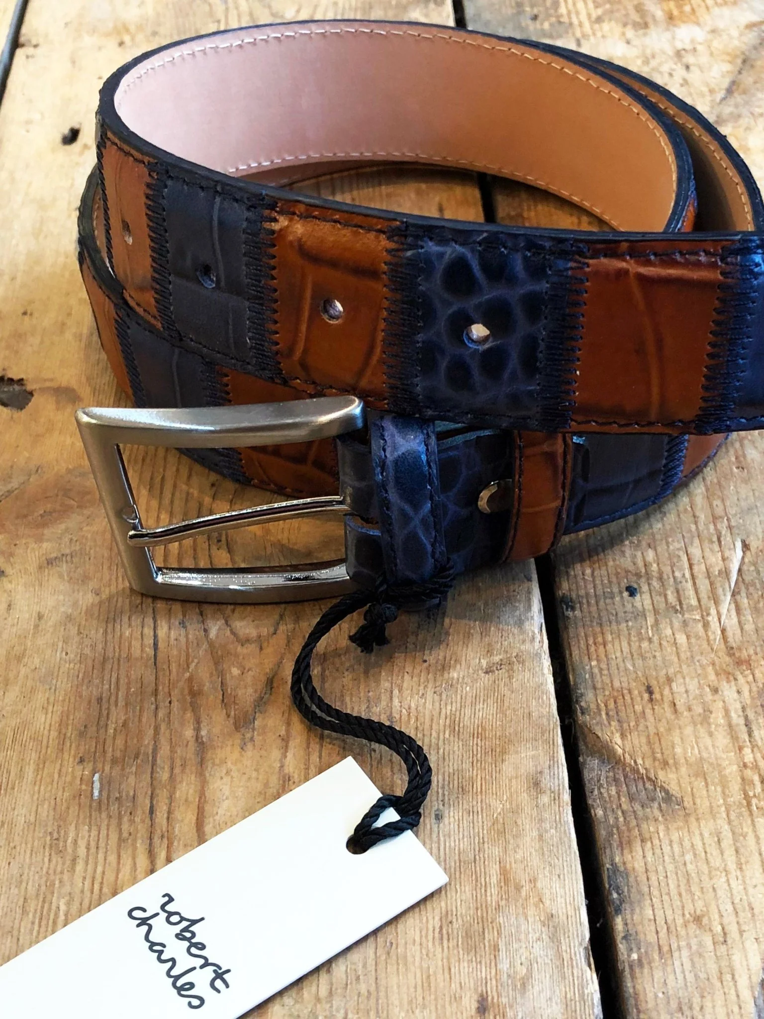 Robert Charles Belts 1628 35mm Patchwork Blue / Tan Mens Belt - Made in Italy - 100% Leather - Image 5