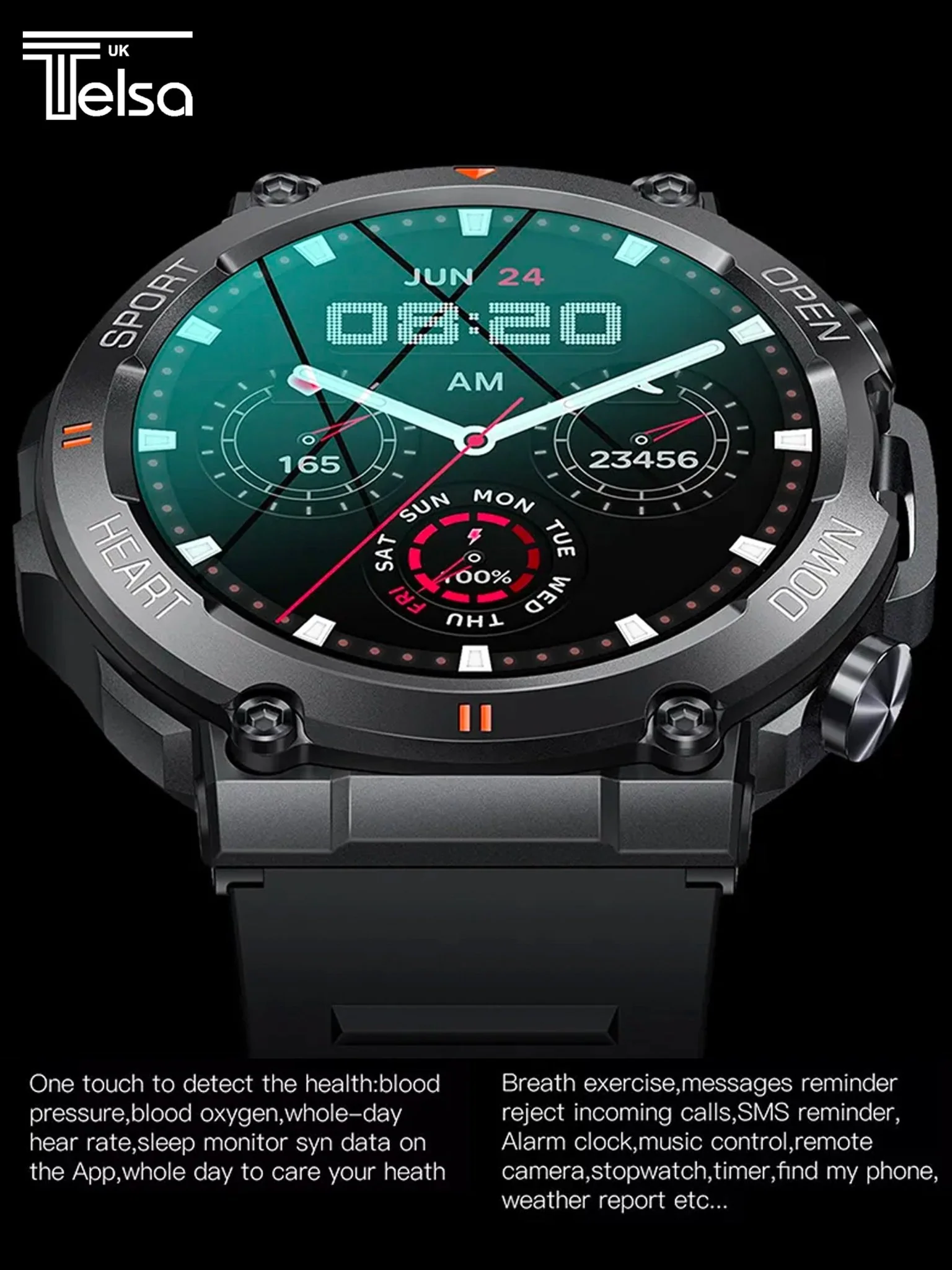 TELSA UK - Smart Watch Waterproof IP67 military style mens Sports & fitness digital Watch with Touch Screen display, Fitness Watch, Heart Rate, Step counter Smart Watch for men IOS & Android - Image 4