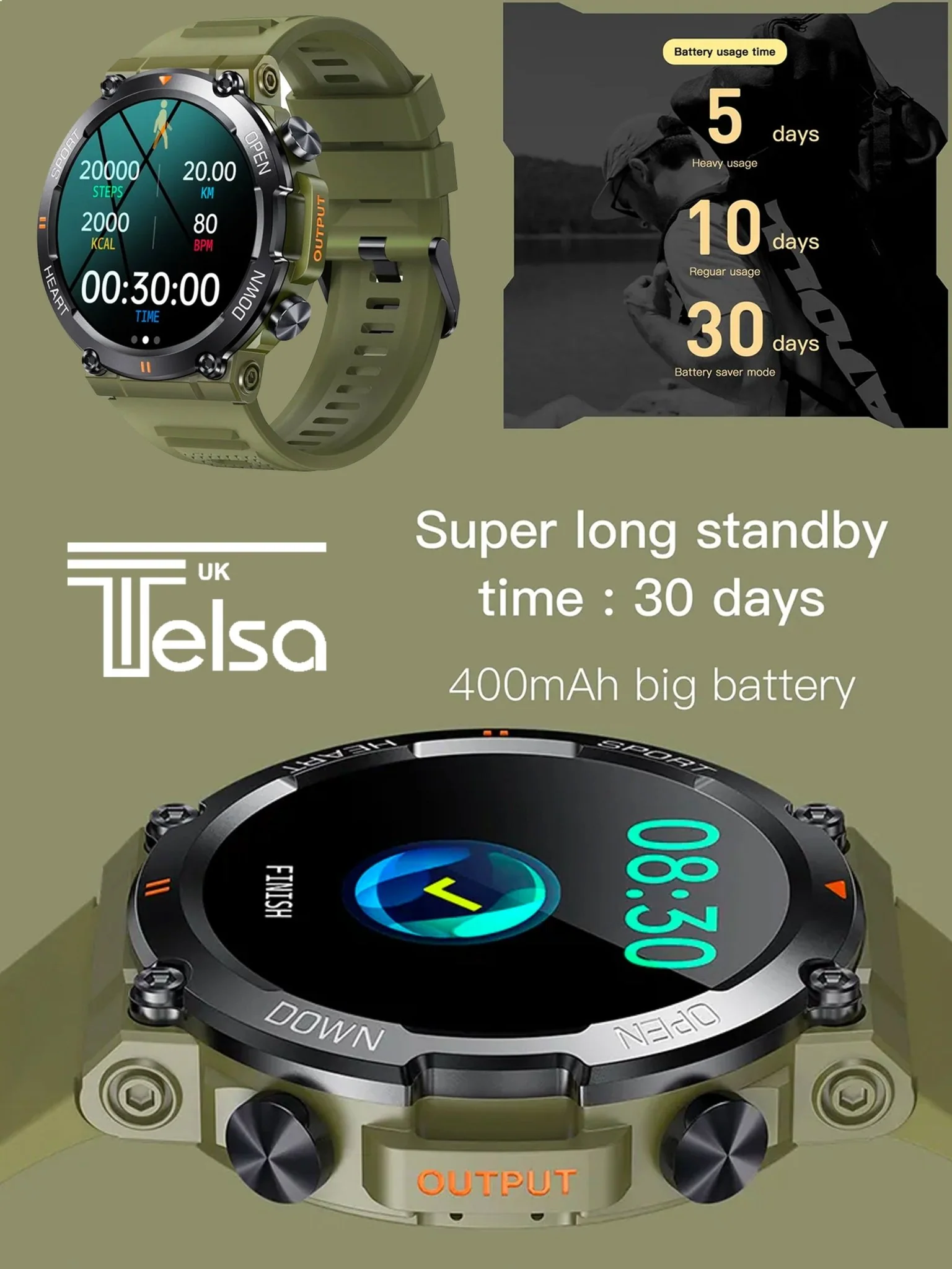 TELSA UK - Smart Watch Waterproof IP67 military style mens Sports & fitness digital Watch with Touch Screen display, Fitness Watch, Heart Rate, Step counter Smart Watch for men IOS & Android - Image 6